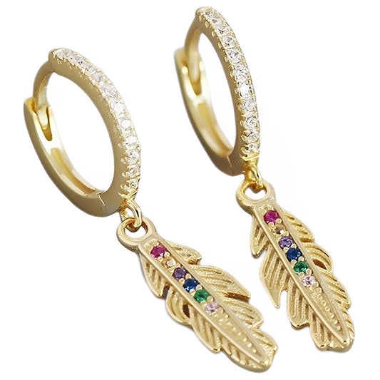 Anyco Earrings Luxury Zircon Feather Pendant Gold Drop Fashion