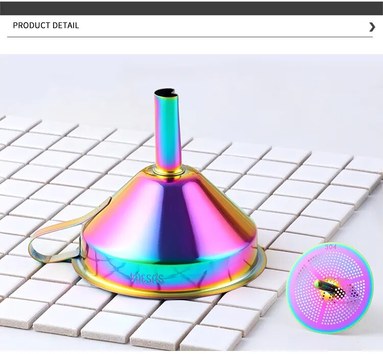 AnyGleam Funnel with Detachable Strainer 1Pc Pink Rainbow Stainless Steel with Wide Cone Mouth Funnel