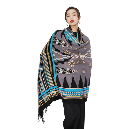 Anyyou 100% Merino Wool Grey and Triangles Neck Wrap Silk Satin Scarf for Women