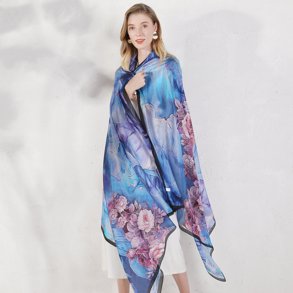 Anyyou 100% Mulberry Silk Light Blue Long Scarf for Women