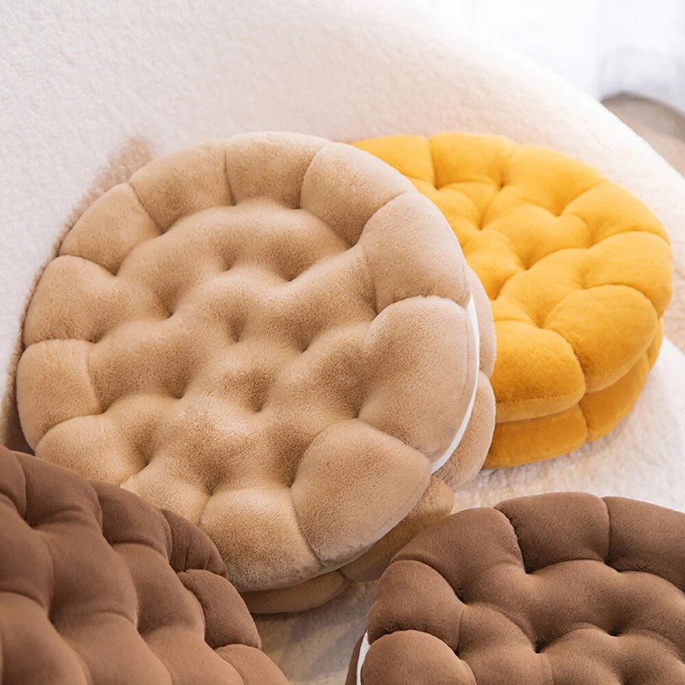 Anyhouz Plush Pillow Yellow Round Double Biscuit Shape Stuffed Soft Pillow Seat Cushion Room Decor