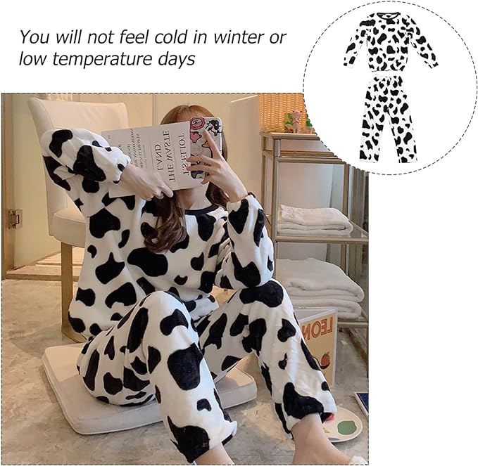 Anychic Pajama Set White Cow Large Winter Long Sleeved Thickened Coral Velvet Warmth Female Homewear Suit