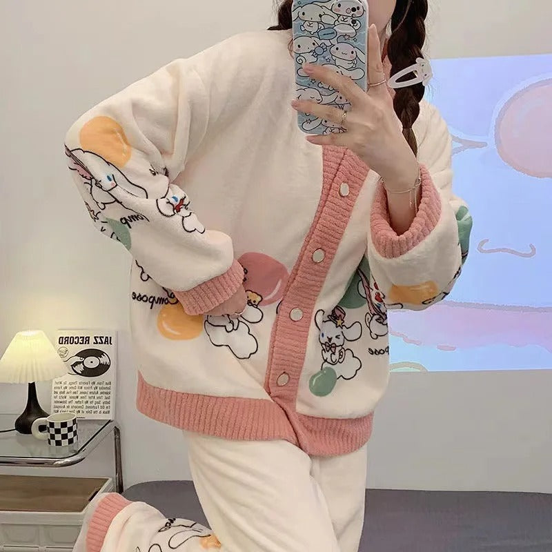 Anychic Pajama Set Pink White Bunny Large Thickened Coral Cardigan Nightwear Cartoon Flannel Home Wear Outworn Homewear Suit