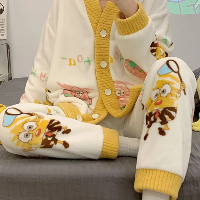 Anychic Pajama Set White Yellow Spongebob Large Thickened Coral Cardigan Nightwear Cartoon Flannel Home Wear Outworn Homewear Suit