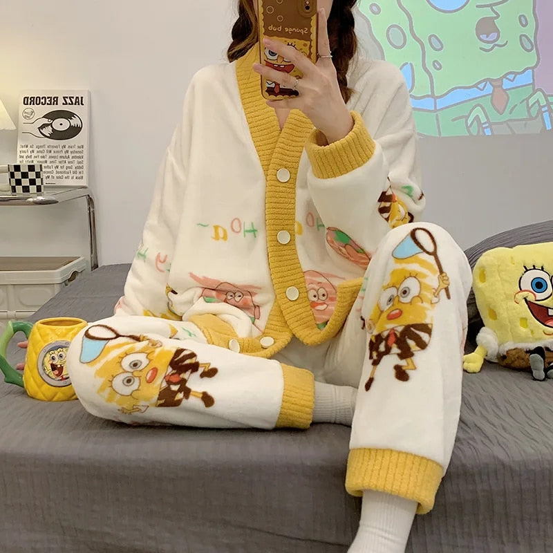 Anychic Pajama Set White Yellow Spongebob Large Thickened Coral Cardigan Nightwear Cartoon Flannel Home Wear Outworn Homewear Suit