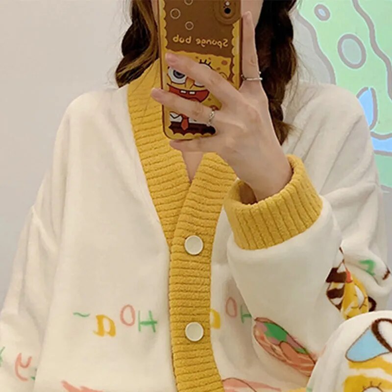 Anychic Pajama Set White Yellow Spongebob Large Thickened Coral Cardigan Nightwear Cartoon Flannel Home Wear Outworn Homewear Suit