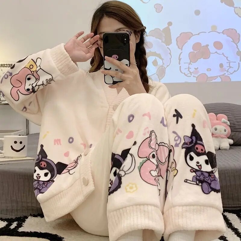 Anychic Pajama Set White Pink Bunny Large Thickened Coral Cardigan Nightwear Cartoon Flannel Home Wear Outworn Homewear Suit