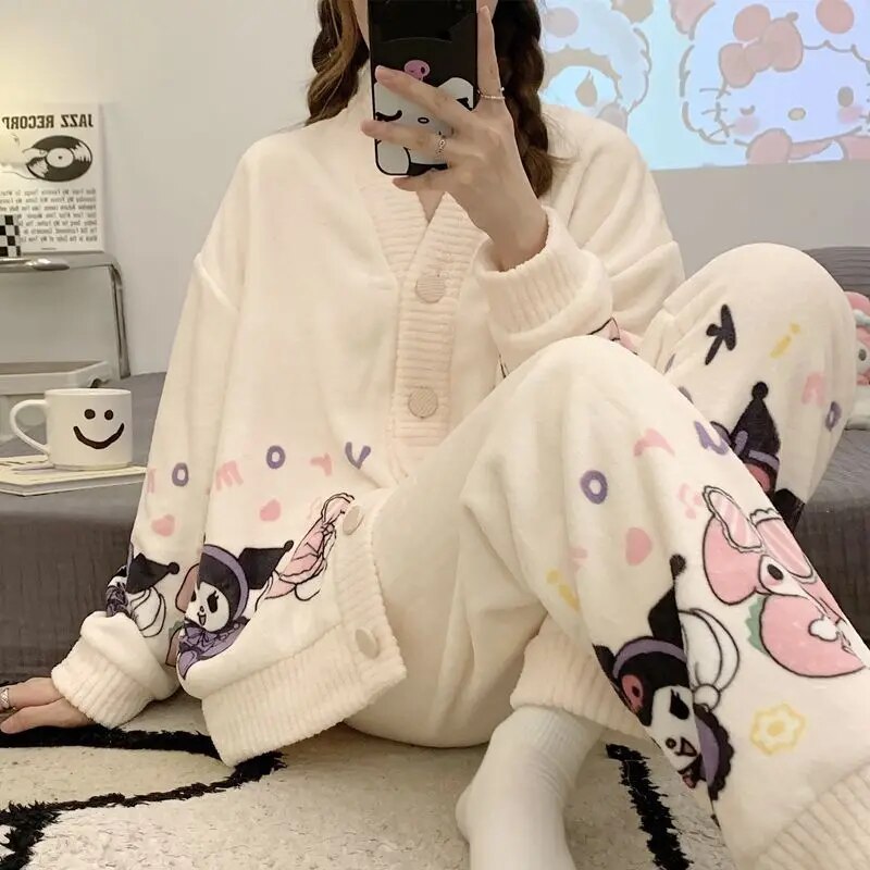 Anychic Pajama Set White Pink Bunny Large Thickened Coral Cardigan Nightwear Cartoon Flannel Home Wear Outworn Homewear Suit