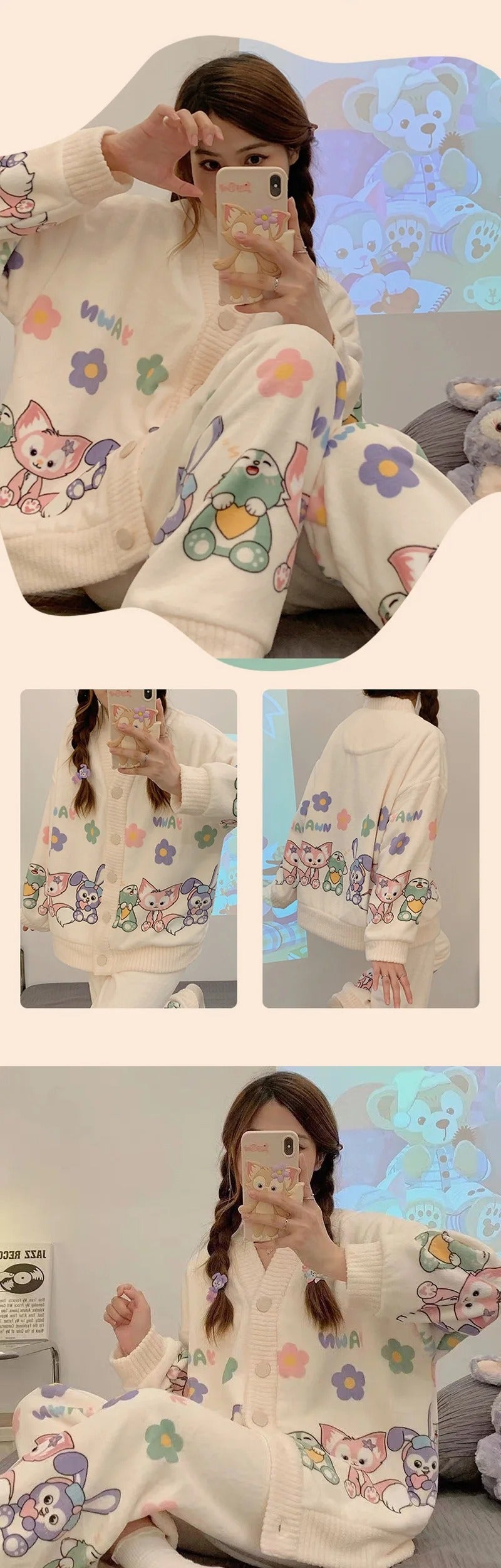 Anychic Pajama Set White Floral  Large Thickened Coral Cardigan Nightwear Cartoon Flannel Home Wear Outworn Homewear Suit