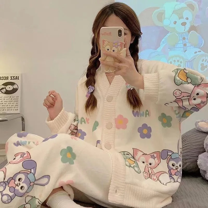 Anychic Pajama Set White Floral  Large Thickened Coral Cardigan Nightwear Cartoon Flannel Home Wear Outworn Homewear Suit