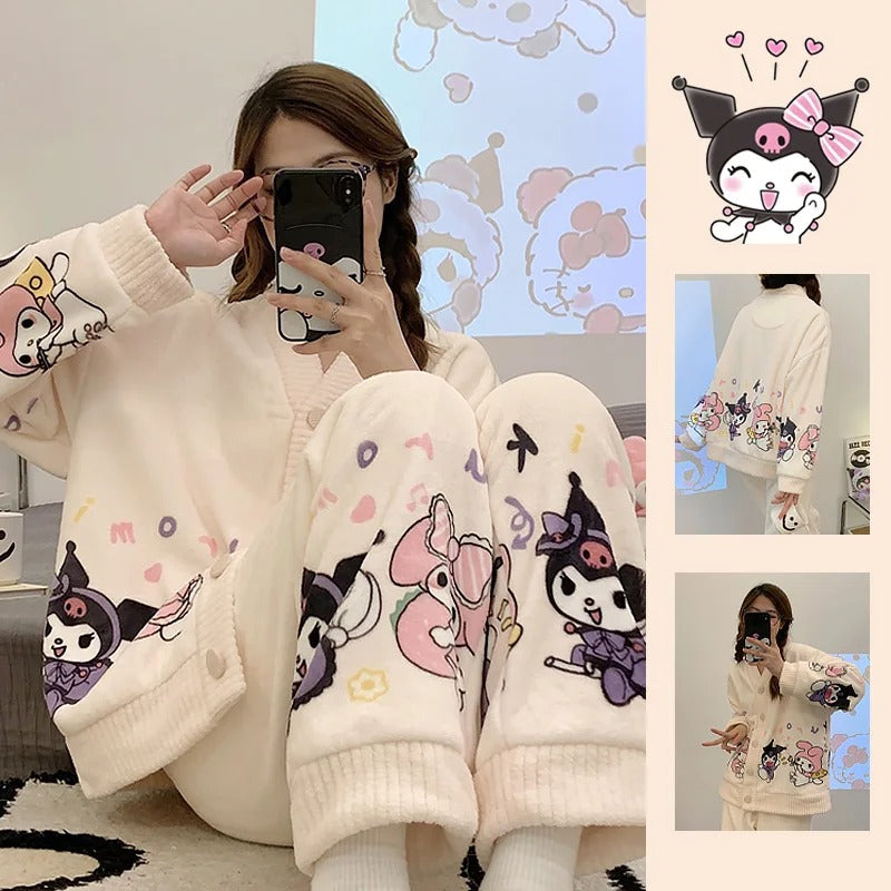 Anychic Pajama Set White Pink Bunny Large Thickened Coral Cardigan Nightwear Cartoon Flannel Home Wear Outworn Homewear Suit