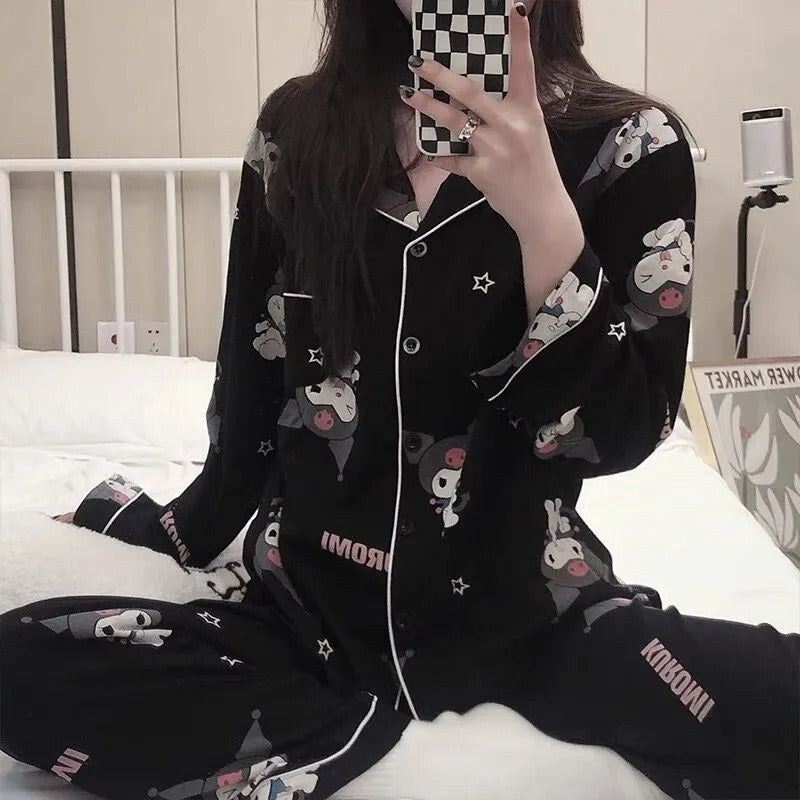 Anychic Pajama Set Black Large Cute Cartoon Soft Long Sleeve Comfortable Loose Women Homewear Suit