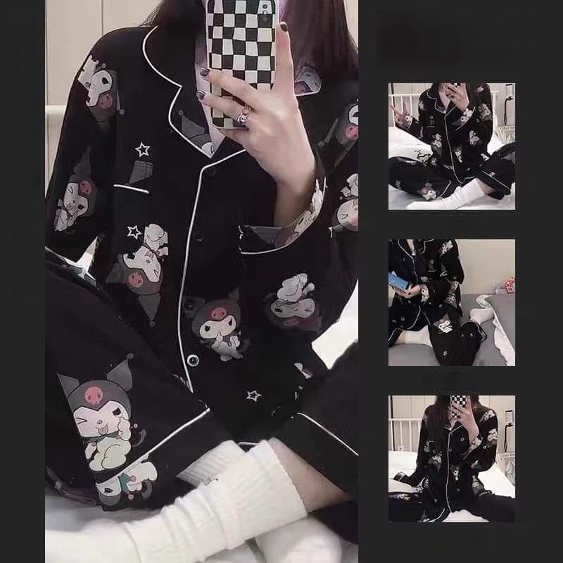 Anychic Pajama Set Black Large Cute Cartoon Soft Long Sleeve Comfortable Loose Women Homewear Suit