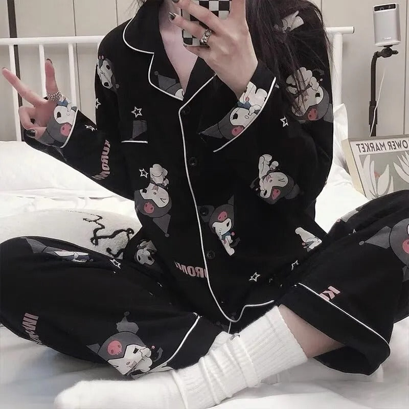 Anychic Pajama Set Black Large Cute Cartoon Soft Long Sleeve Comfortable Loose Women Homewear Suit