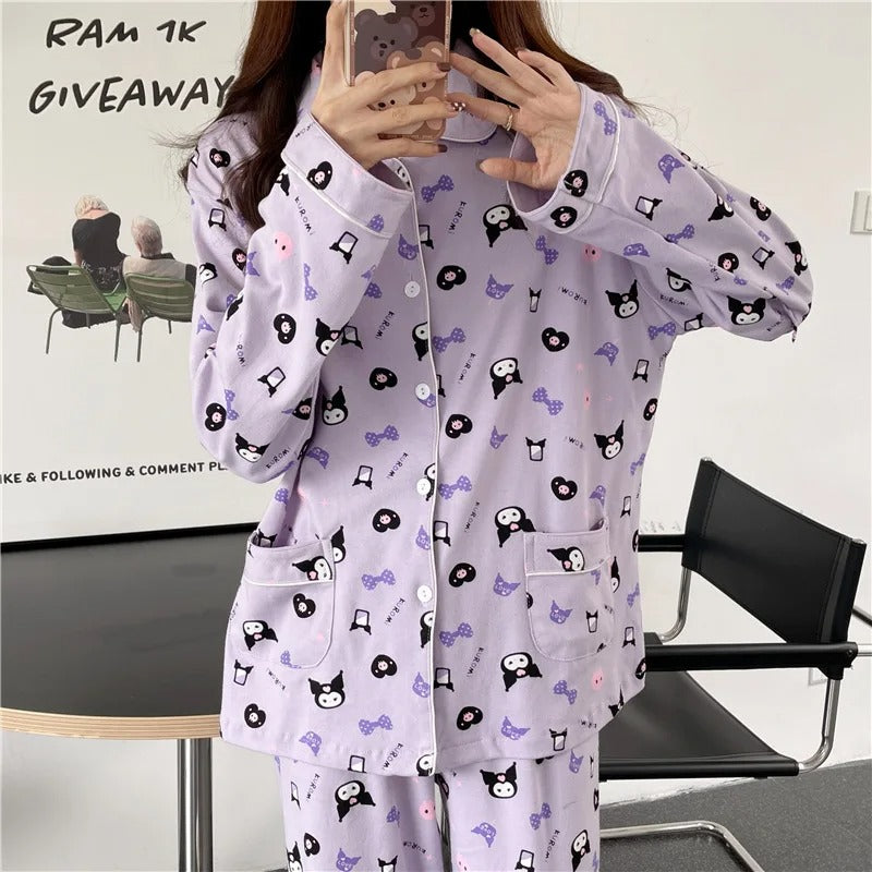 Anychic Pajama Set Purple Large Cute Cartoon Soft Long Sleeve Comfortable Loose Women Homewear Suit