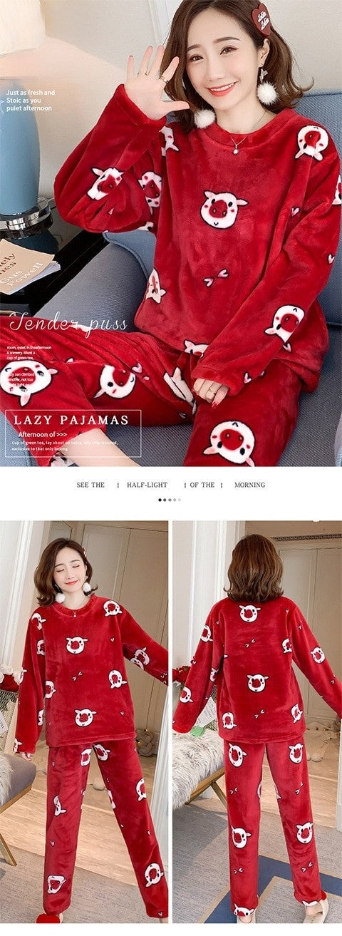 Anychic Pajama Set Red Large Winter Long Sleeved Thickened Coral Velvet Warmth Female Homewear Suit