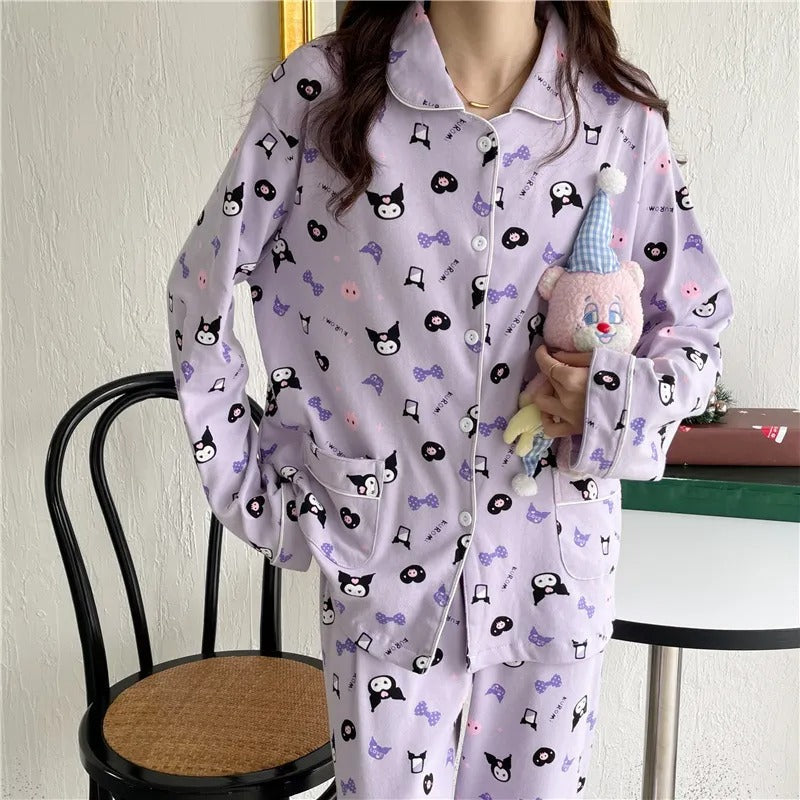 Anychic Pajama Set Purple Large Cute Cartoon Soft Long Sleeve Comfortable Loose Women Homewear Suit