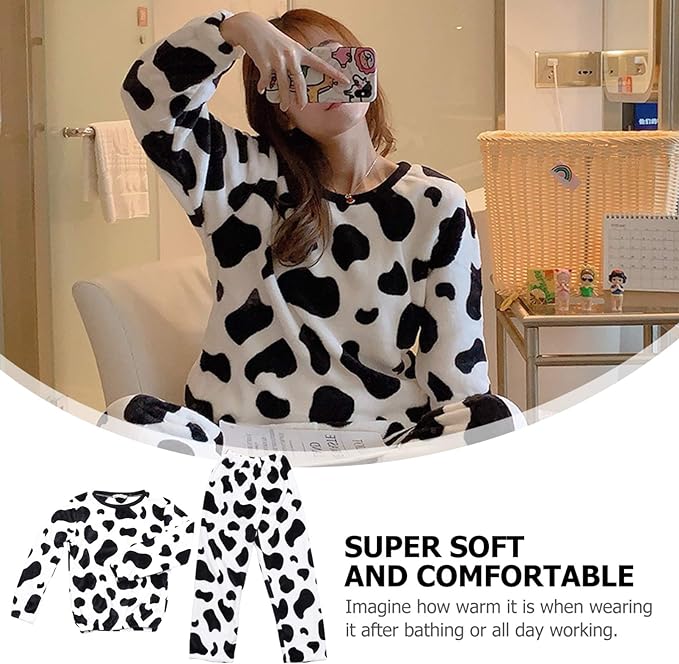 Anychic Pajama Set White Cow Large Winter Long Sleeved Thickened Coral Velvet Warmth Female Homewear Suit