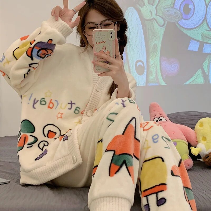 Anychic Pajama Set White Spongebob Large Thickened Coral Cardigan Nightwear Cartoon Flannel Home Wear Outworn Homewear Suit