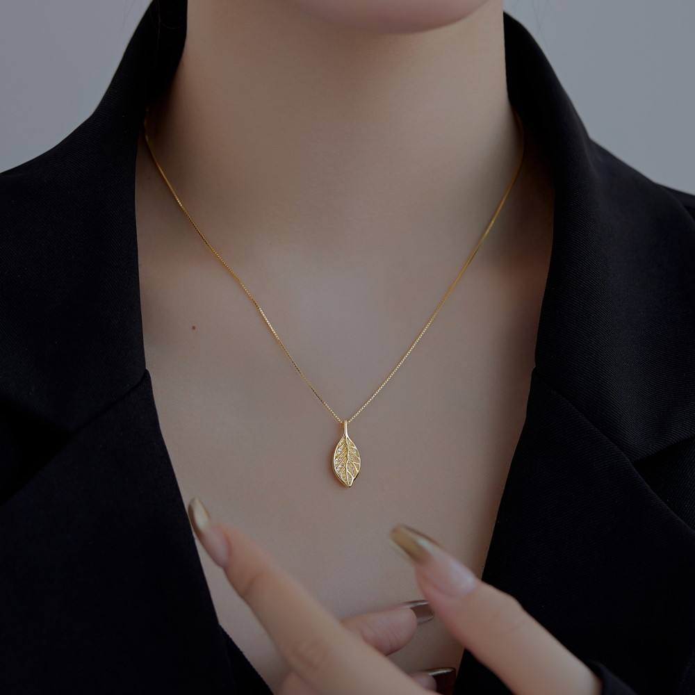 Anyco Necklace Gold High Quality Necklace 925 Sterling Silver Leaf Pendant