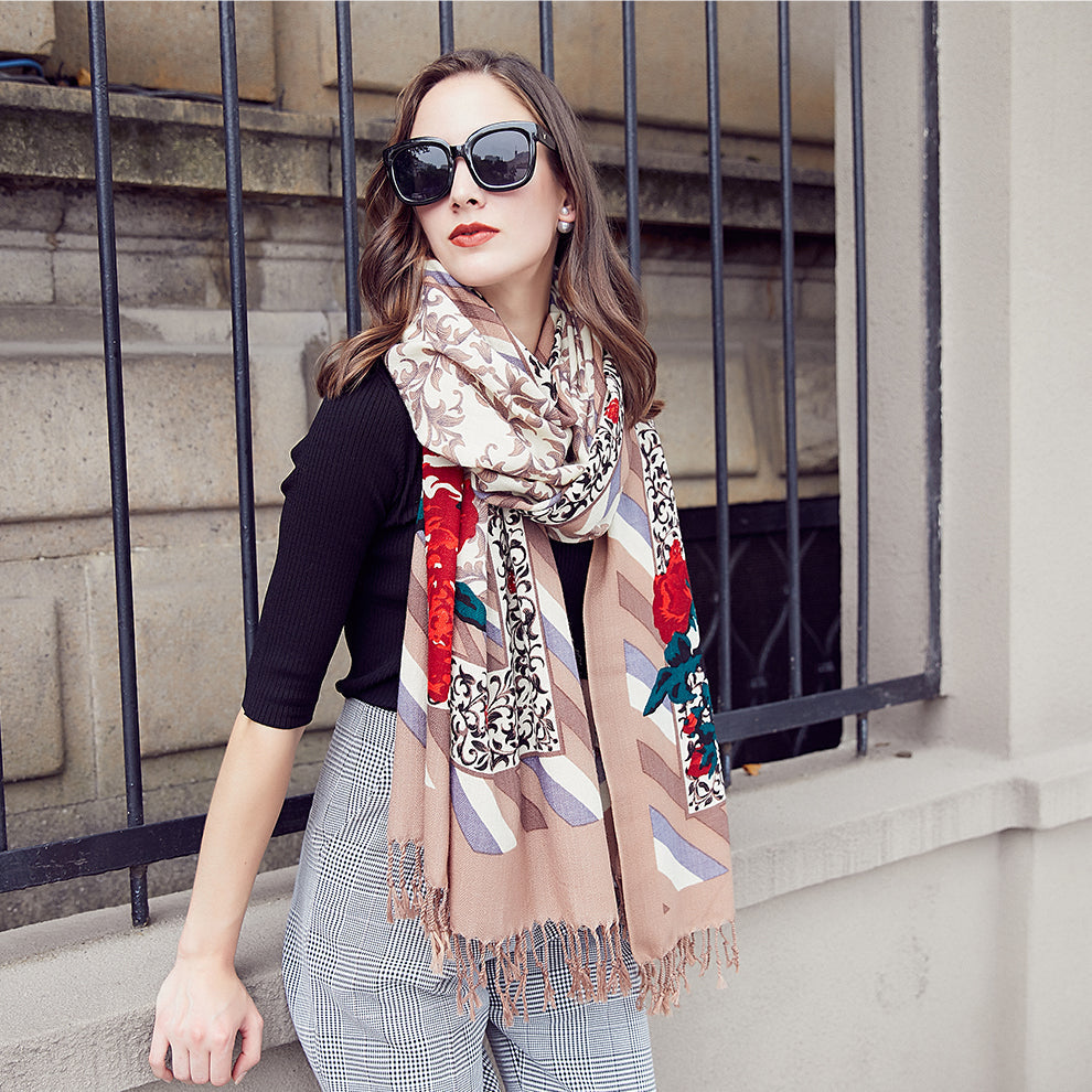 Anyyou 100% Pure Merino Wool Multicolor Strips Pattern Scarf For Women