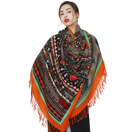 Anyyou 100% Merino Wool Orange and Patterns Neck Wrap Silk Satin Scarf for Women