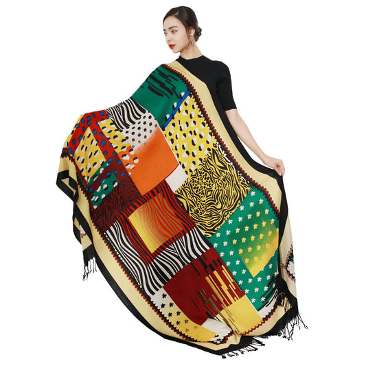 Anyyou 100% Merino Wool Yellow Multi Pattern Silk Satin Scarf for Women
