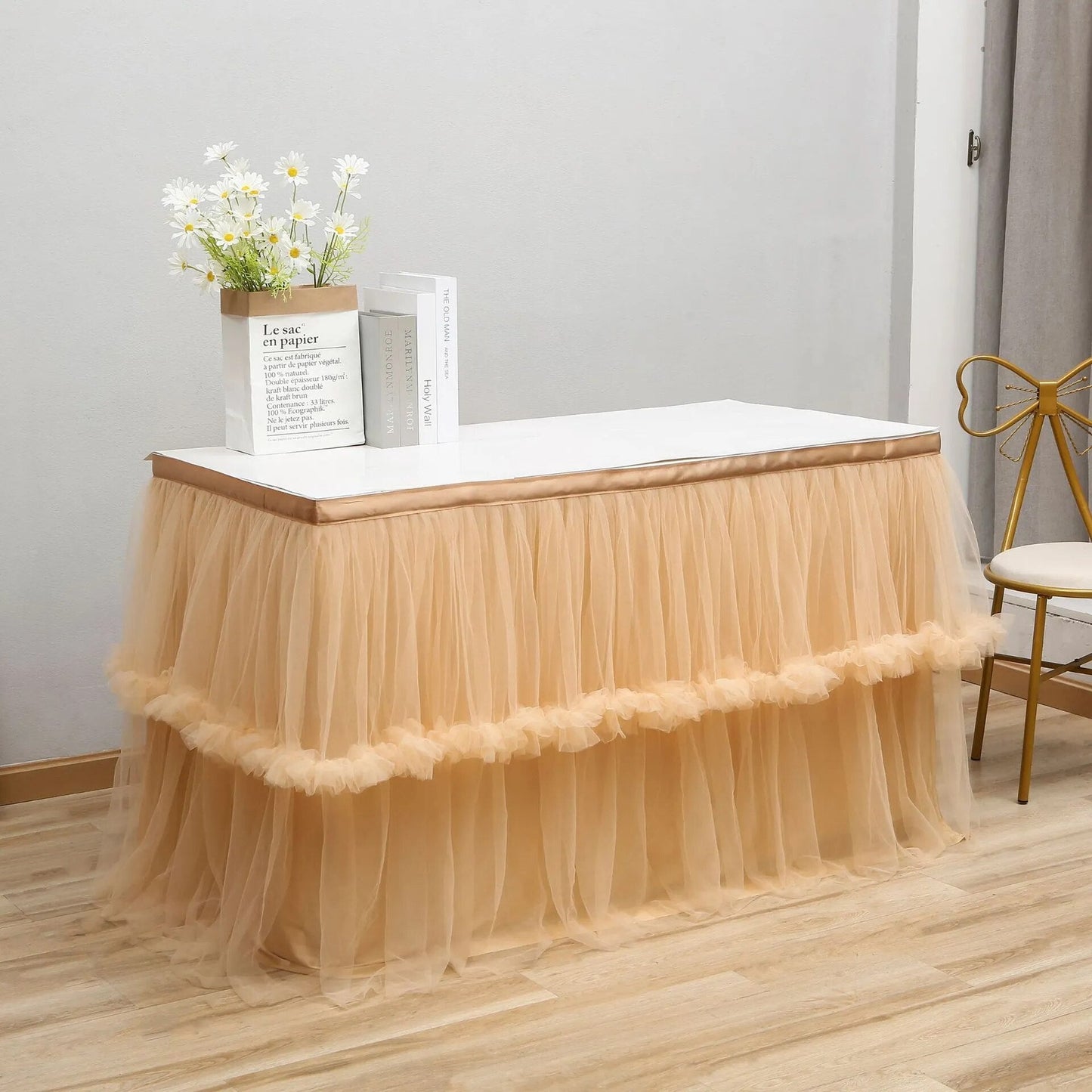 Anyhouz Table Skirt Champagne Wedding Tulle Mesh Dining Table Decoration Table Cover For Wedding Reception Banquet 6FT