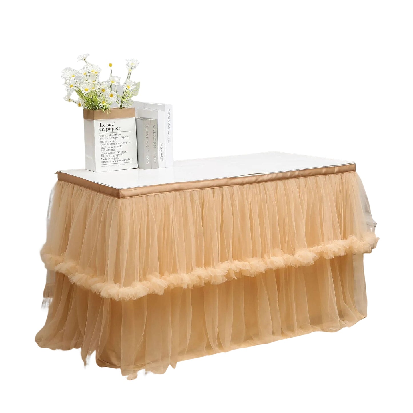 Anyhouz Table Skirt Champagne Wedding Tulle Mesh Dining Table Decoration Table Cover For Wedding Reception Banquet 6FT