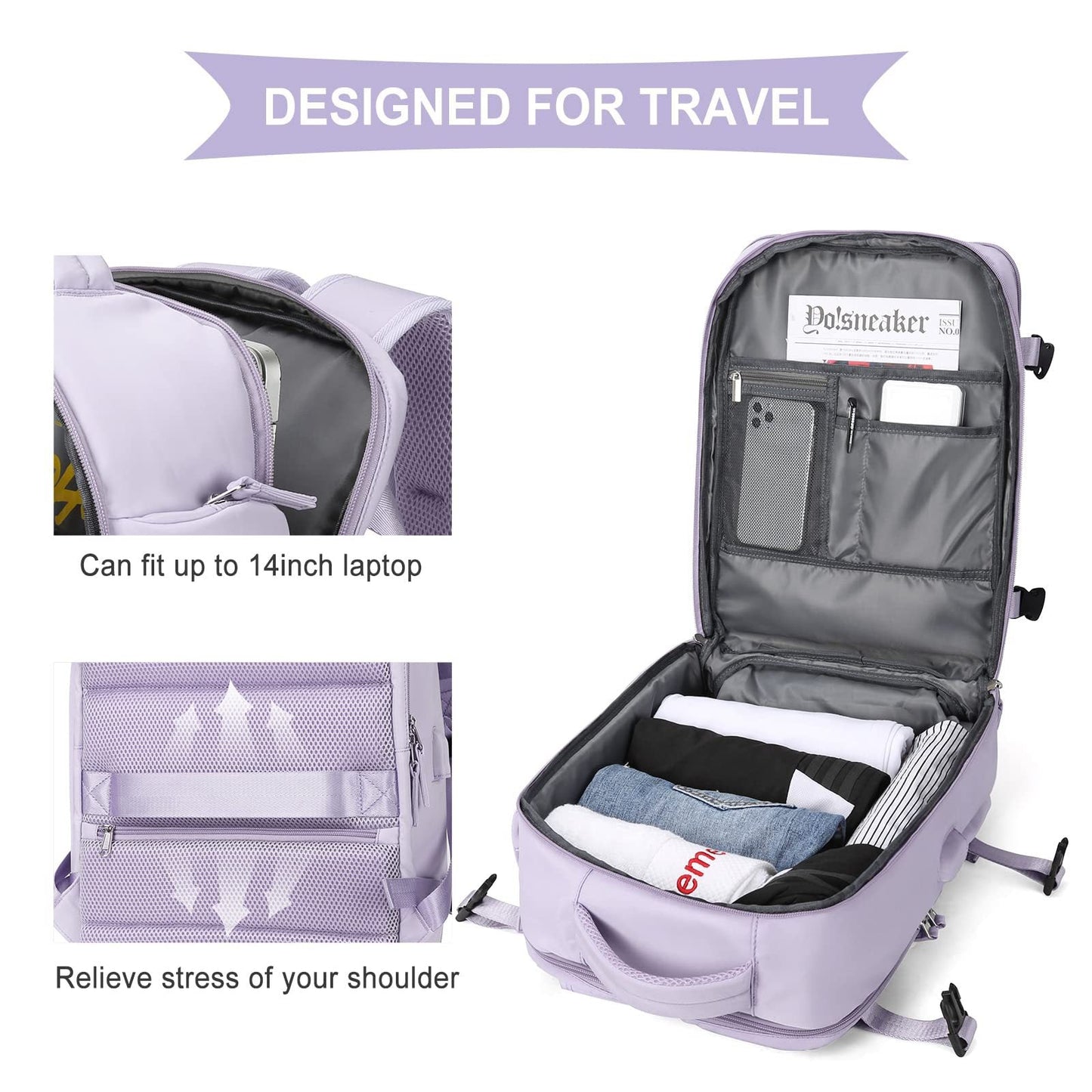 Anypack Backpack Light Purple Bag Large Capacity USB Charging