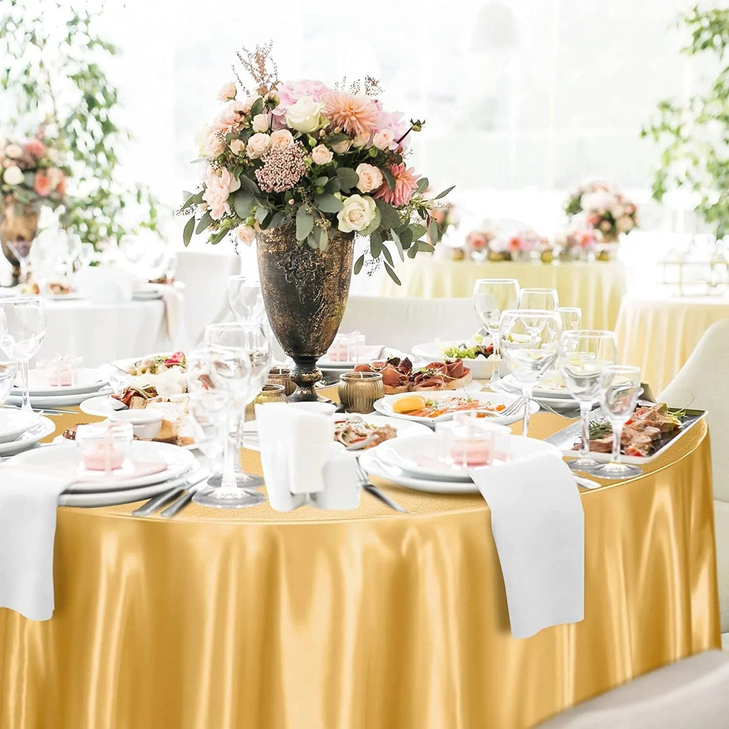 Anyhouz Table Cover Gold Round Satin Bright Smooth Silk or Wedding Banquet Anniversary Dining Table Decor 145cm