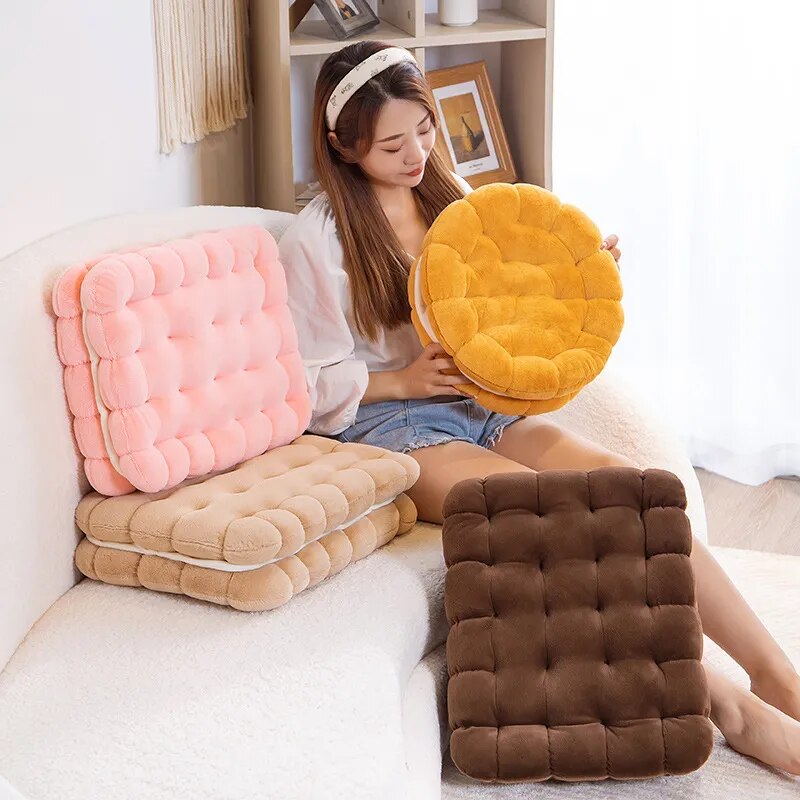 Anyhouz Plush Pillow Light Brown Square Double Biscuit Shape Stuffed Soft Pillow Seat Cushion Room Decor