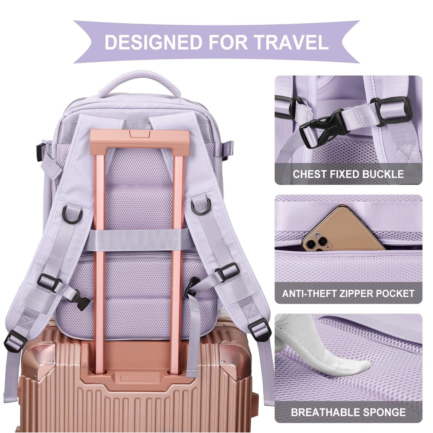 Anypack Backpack Light Purple Bag Large Capacity USB Charging