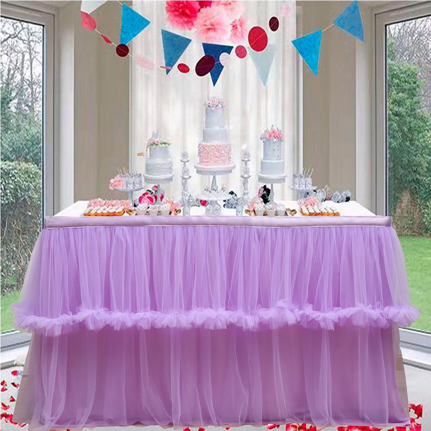 Anyhouz Table Skirt Purple Wedding Tulle Mesh Dining Table Decoration Table Cover For Wedding Reception Banquet 6FT