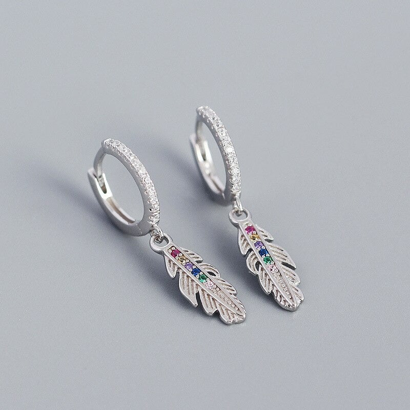 Anyco Earrings Luxury Zircon Feather Pendant Sterling Silver Drop Fashion