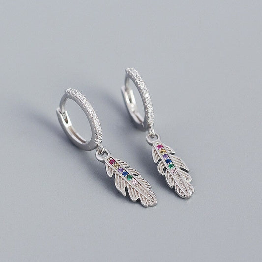 Anyco Earrings Luxury Zircon Feather Pendant Sterling Silver Drop Fashion