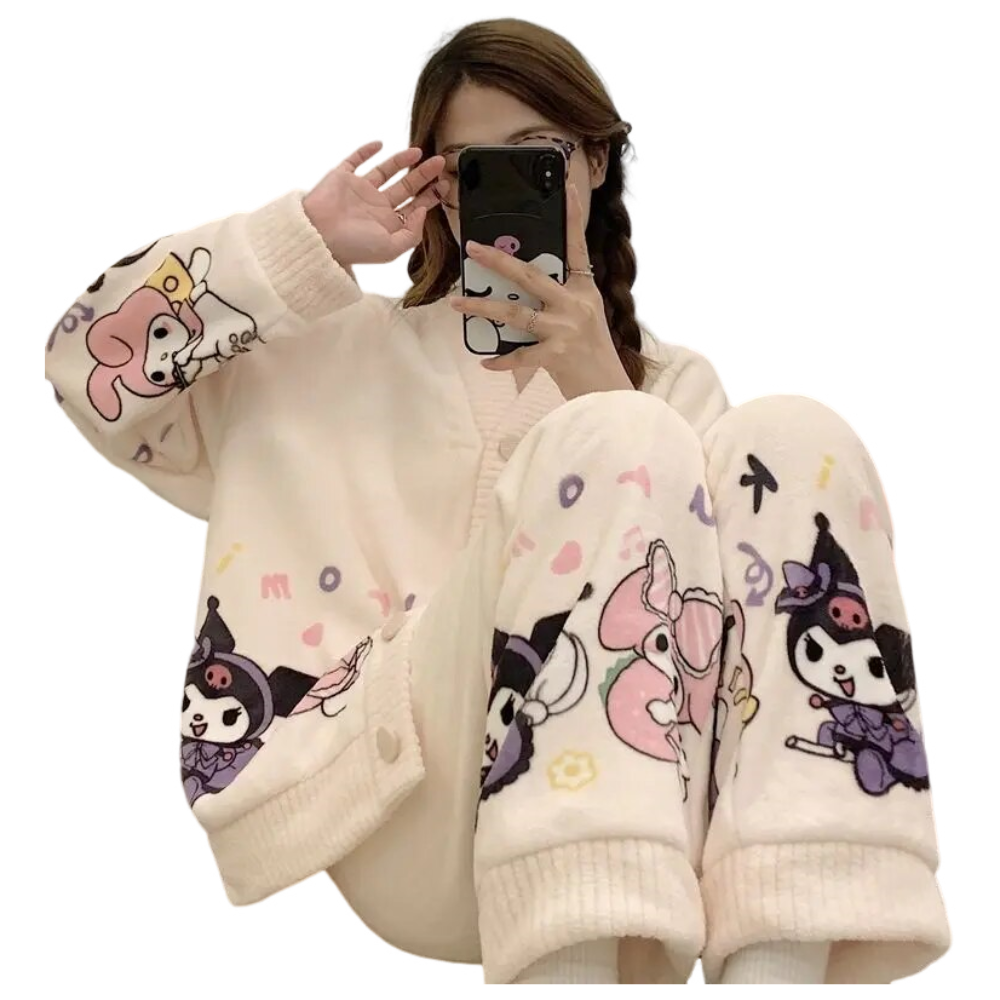 Anychic Pajama Set White Pink Bunny Large Thickened Coral Cardigan Nightwear Cartoon Flannel Home Wear Outworn Homewear Suit
