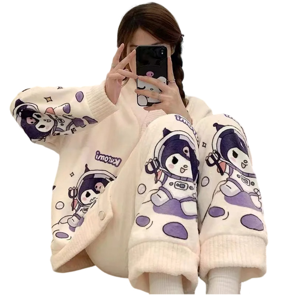 Anychic Pajama Set White Purple Bunny Large Thickened Coral Cardigan Nightwear Cartoon Flannel Home Wear Outworn Homewear Suit