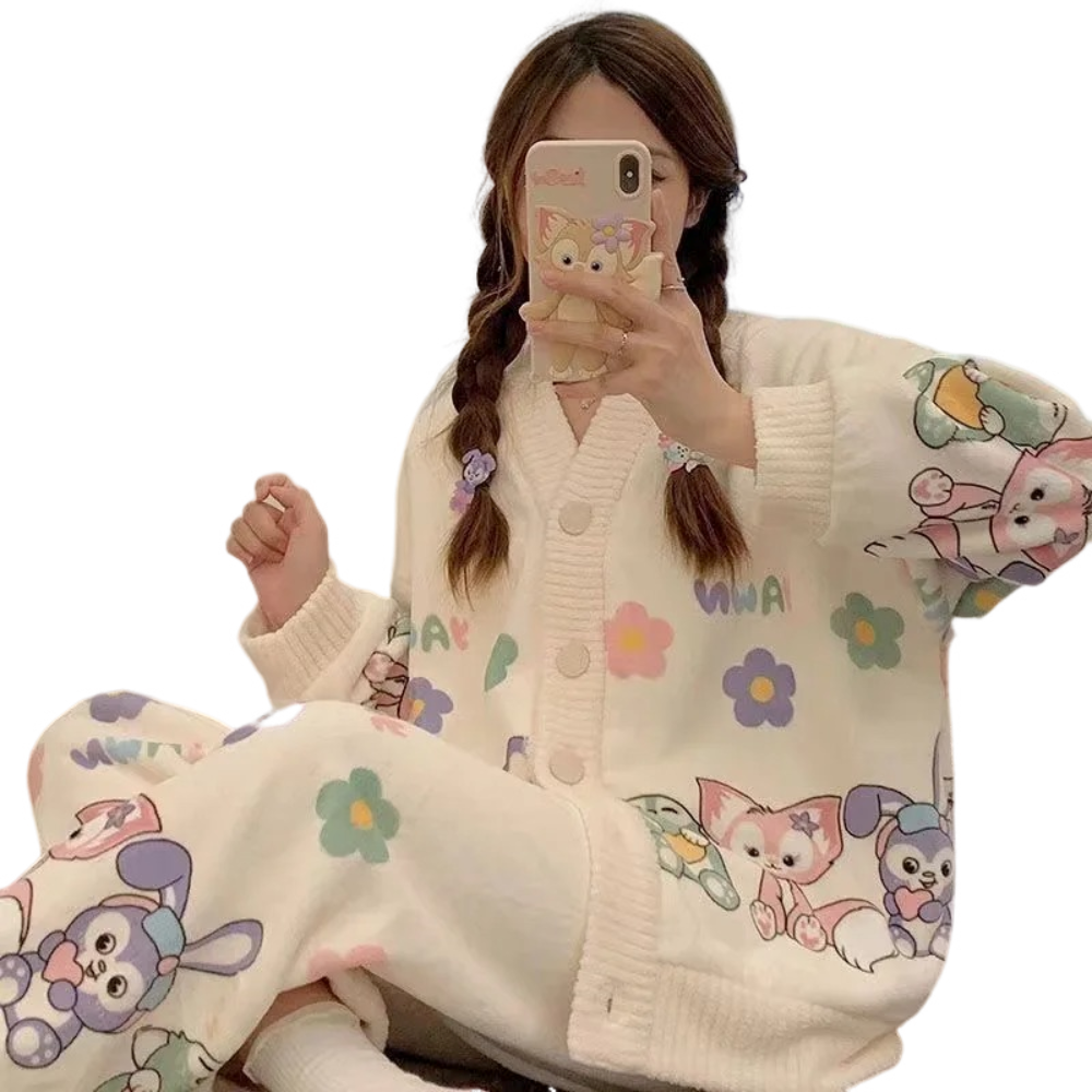 Anychic Pajama Set White Floral  Large Thickened Coral Cardigan Nightwear Cartoon Flannel Home Wear Outworn Homewear Suit