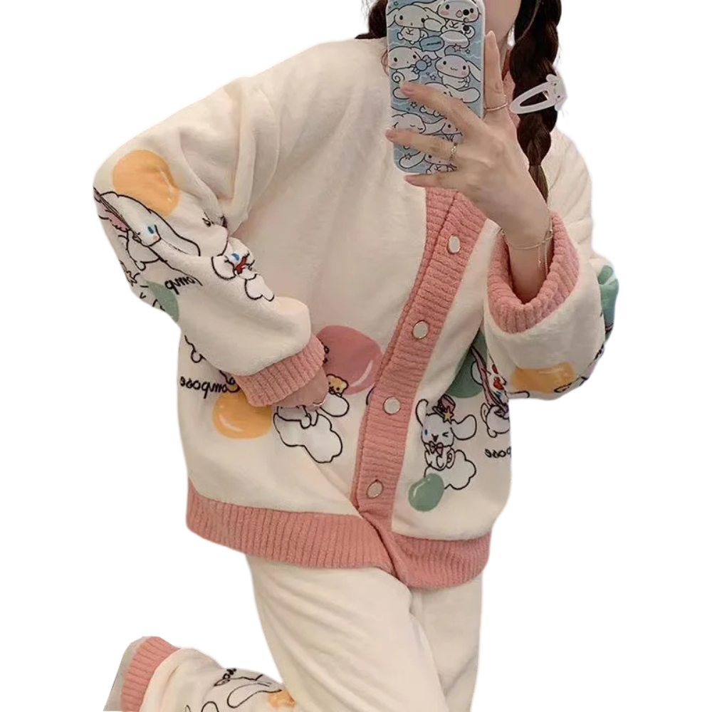 Anychic Pajama Set Pink White Bunny Large Thickened Coral Cardigan Nightwear Cartoon Flannel Home Wear Outworn Homewear Suit