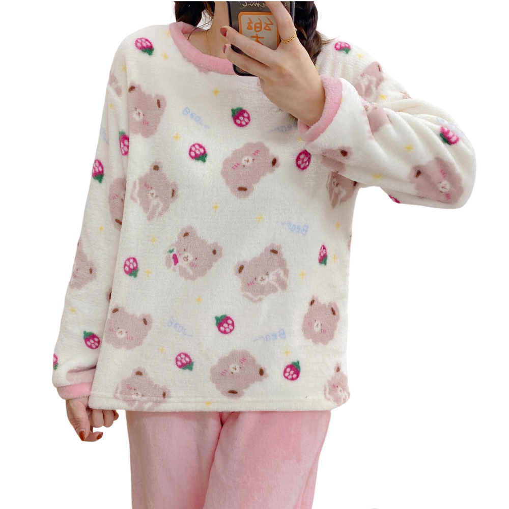 Anychic Pajama Set Pink Strawberry Large Winter Long Sleeved Thickened Coral Velvet Warmth Female Homewear Suit
