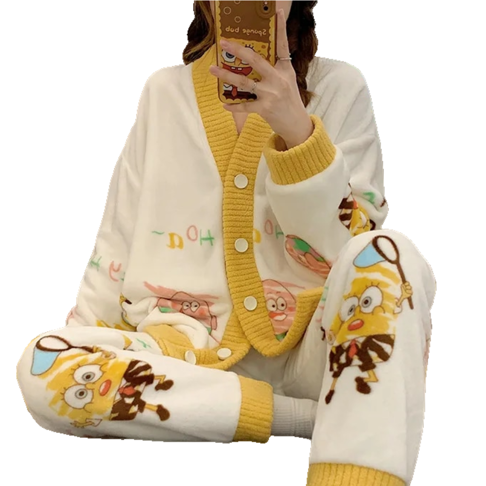 Anychic Pajama Set White Yellow Spongebob Large Thickened Coral Cardigan Nightwear Cartoon Flannel Home Wear Outworn Homewear Suit