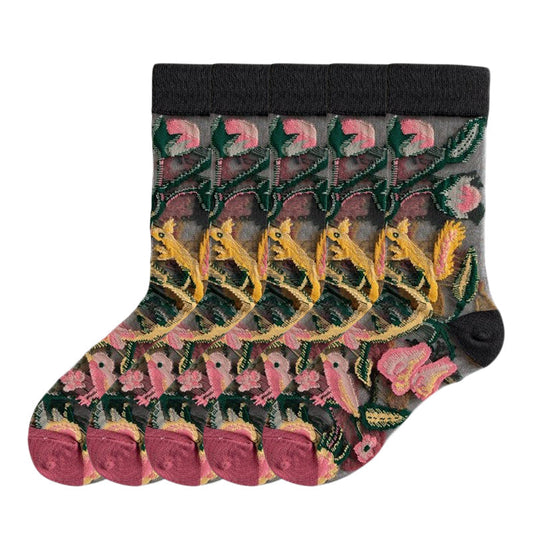 Anysox 5 Pairs Black Size 5-9 Sock Harajuku Crystal Silk Tide Socks With Flower Vines Design