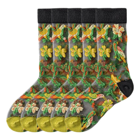 Anysox 5 Pairs Green Size 5-9 Sock Harajuku Crystal Silk Tide Socks With Flower Vines