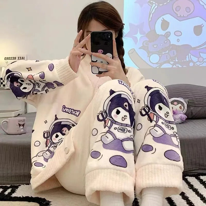 Anychic Pajama Set White Purple Bunny Large Thickened Coral Cardigan Nightwear Cartoon Flannel Home Wear Outworn Homewear Suit