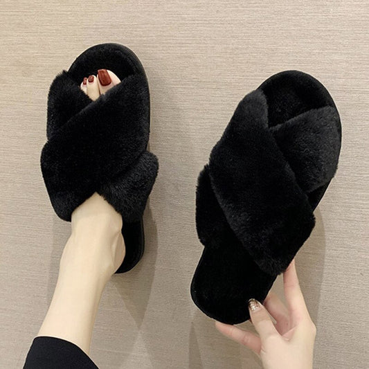 AnyStep Cross Black Fluffy Indoor Slip On Plush Slipper One Size 9-10
