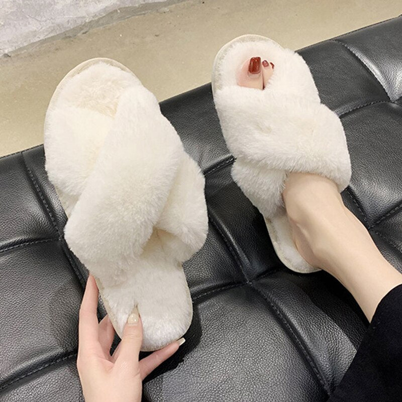 AnyStep Cross White Fluffy Indoor Slip On Plush Slipper One Size 7-8