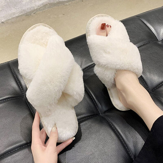 AnyStep Cross White Fluffy Indoor Slip On Plush Slipper One Size 7-8