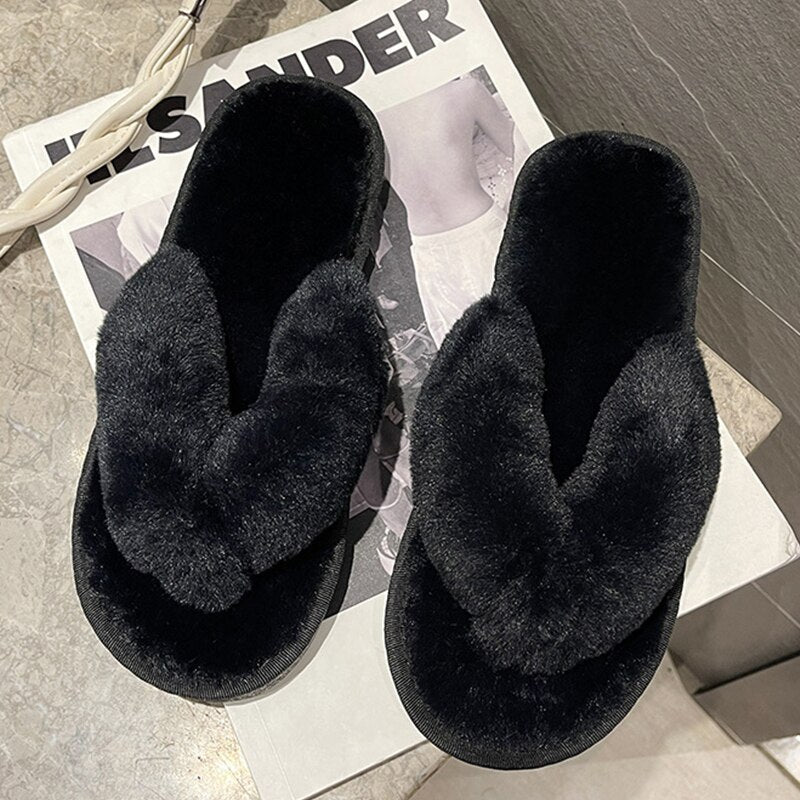 AnyStep Flip Black Fluffy Indoor Slip On Plush Slipper One Size 5-6