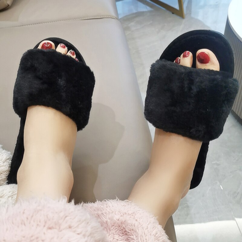 AnyStep Basic Black Fluffy Indoor Slip On Plush Slipper One Size 9-10